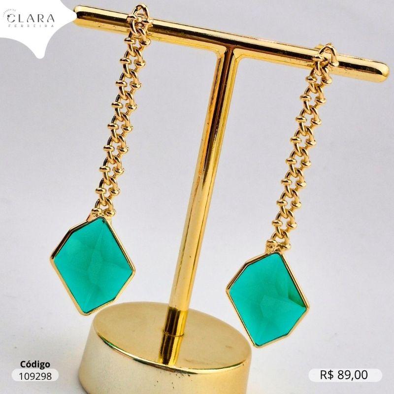 BRINCO FRANJA 1 FIO ELOS C/ NÓ COM CRISTAL RETANGULAR 17MM NA PONTA  - Dourado- EDIÇÃO LIMITADA