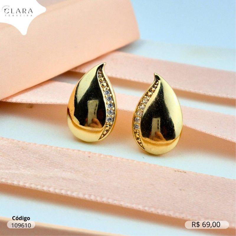 BRINCO GOTA LISA C/ 1 FILEIRA MICROZIRCONIAS NA LATERAL - 16MM - Dourado