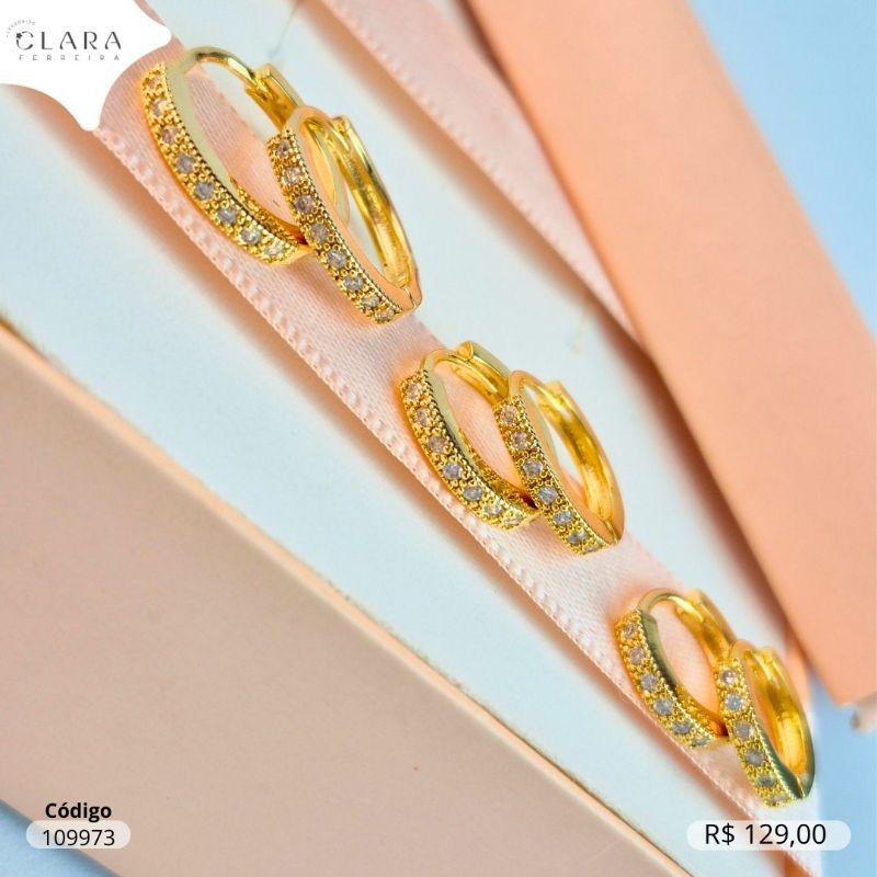 BRINCO KIT TRIO ARGOLINHA CLICK 1 FILEIRA MICROZIRCONIAS BORDAS QUADRADAS C/ BOLINHAS E LATERAL LISA - 10,12 E 14X2MM - Dourado