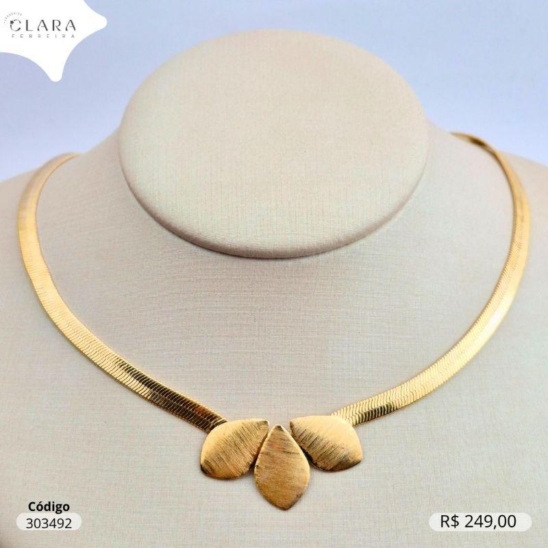 COLAR CHOKER FITA C/ 3 FOLHAS 5MM  JATEADAS FOSCAS FIXAS  - LINHA ORGÂNICOS - 40+5CM - Dourado - - EDIÇÃO LIMITADA