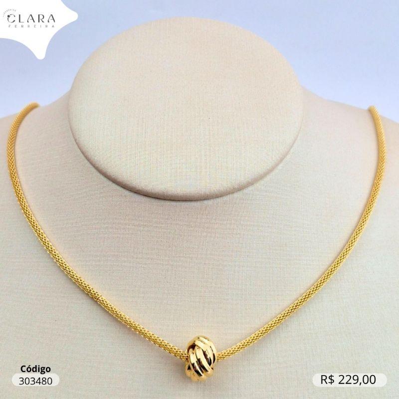COLAR CHOKER MALHA PIPOCA TUBO C/ PINGENTE BOLA 13MM 2 FIOS TORCIDOS - LINHA ORGÂNICOS - 40CM - Dourado- EDIÇÃO LIMITADA