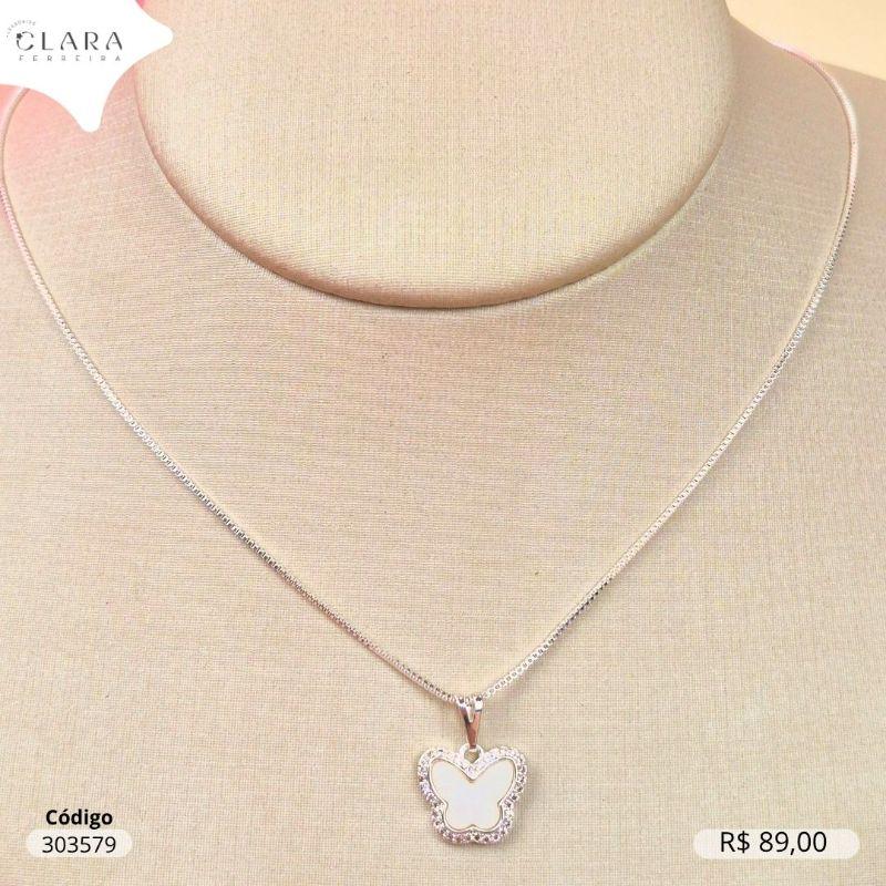 COLAR COLAR VENEZIANA C/ PINGENTE BORBOLETA MADRE PEROLA ADORNADA MICROZIRCONIAS - EDIÇÃO LIMITADA - 11MM - 45CM - Banho de Prata