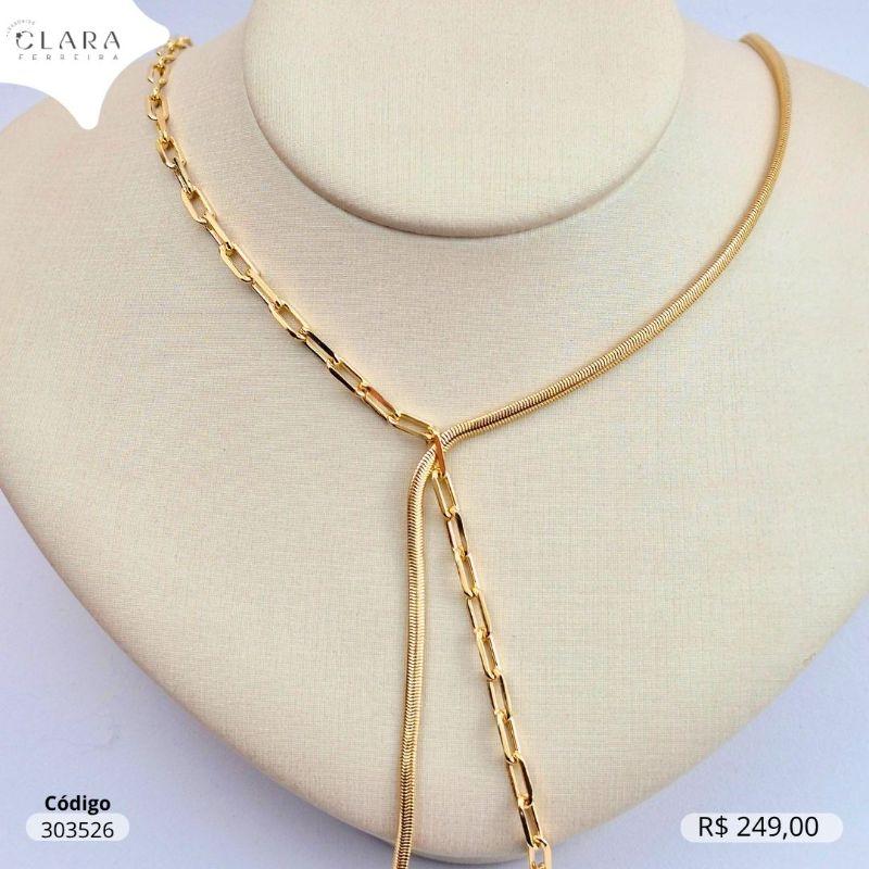 COLAR GRAVATINHA 2 MALHAS, 1 LADO MALHA COBRA E 1 LADO ELOS CARTIER - 45CM - Dourado - EDIÇÃO LIMITADA