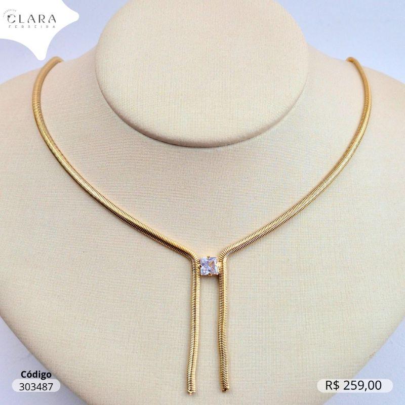 COLAR GRAVATINHA MALHA COBRA C/ 1 ZIRCONIA QUADRADA 5 ENTRE AS PONTAS - 45CM - Dourado- - EDIÇÃO LIMITADA