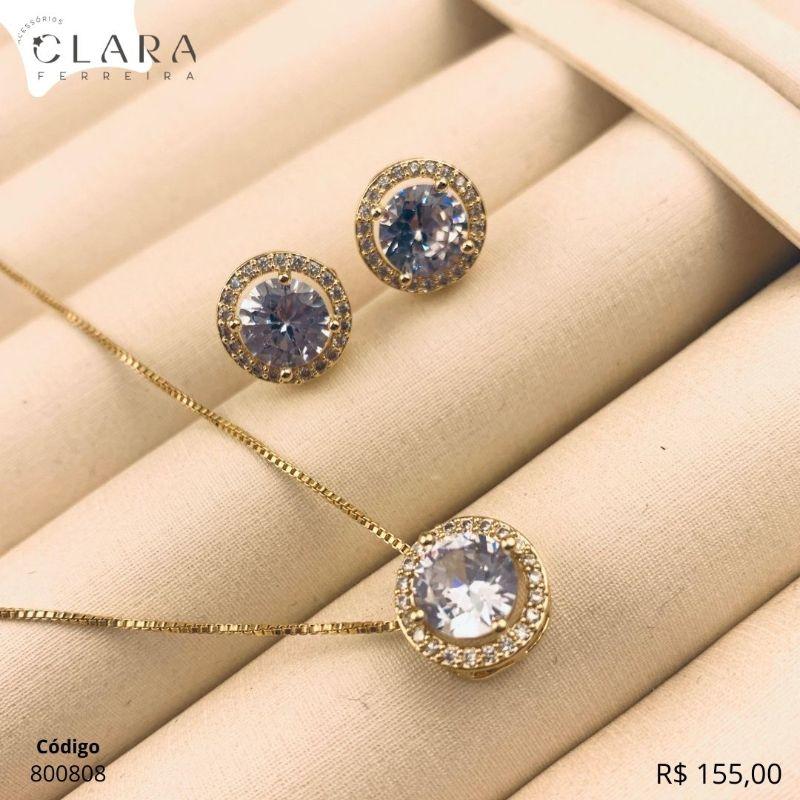 CONJUNTO VENEZIANA C/ PINGENTE E BRINCO ZIRCONIA REDONDA 8MM ACORNADA MICROZIRCONIAS  - 45CM - Dourado
