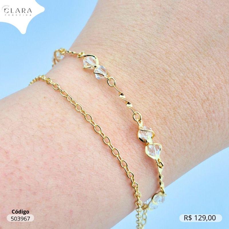 PULSEIRA DUPLA 1 FIO ELOS E 1 FIO BARRINHAS TORCIDAS INTERCALADOS C/ 2 CRISTAIS ORBITAIS   - 17CM - Dourado