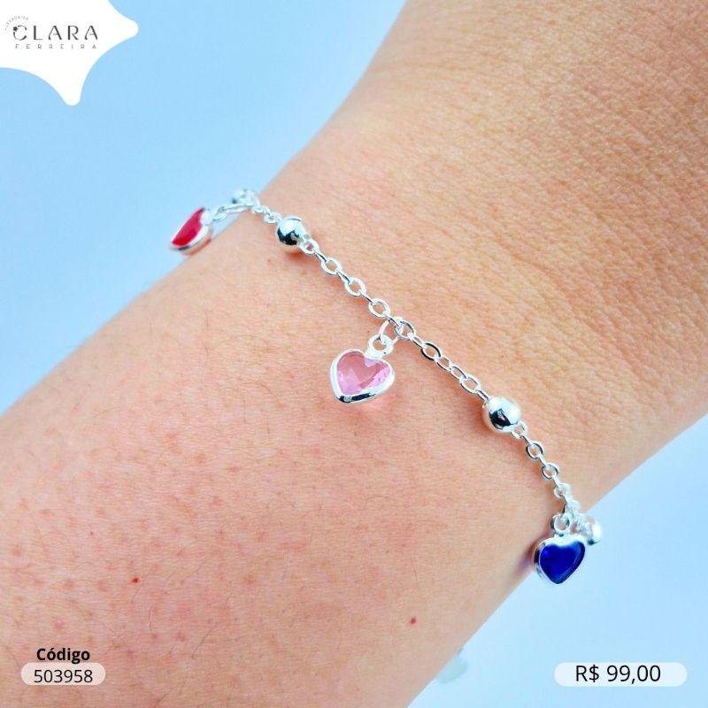 PULSEIRA ELOS C/ BOLINHAS COM 5 TIFFANYS CORAÇÃO 7MM COLORIDAS SALADINHA PENDURADAS - 17CM - Banho de Prata