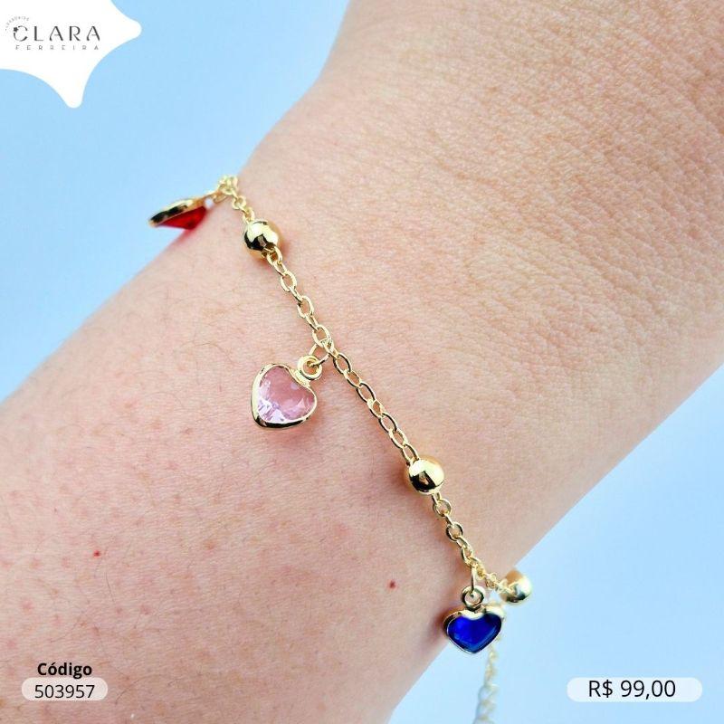 PULSEIRA ELOS C/ BOLINHAS COM 5 TIFFANYS CORAÇÃO 7MM COLORIDAS SALADINHA PENDURADAS - 17CM - Dourado