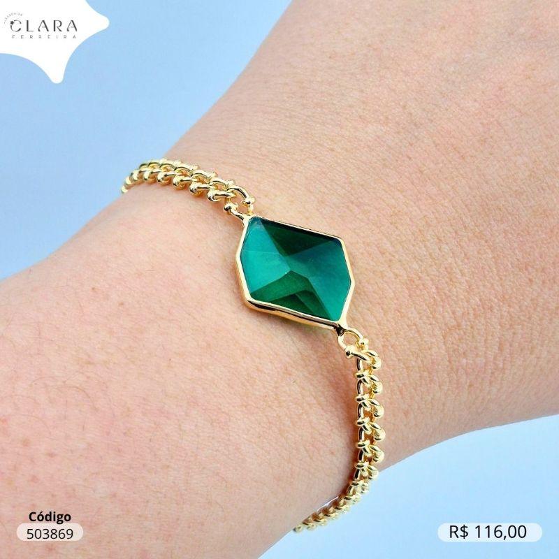PULSEIRA ELOS C/ PINGENTE CRISTAL RENTANGULAR 16MM FIXO NO MEIO  - 17CM - Dourado- EDIÇÃO LIMITADA