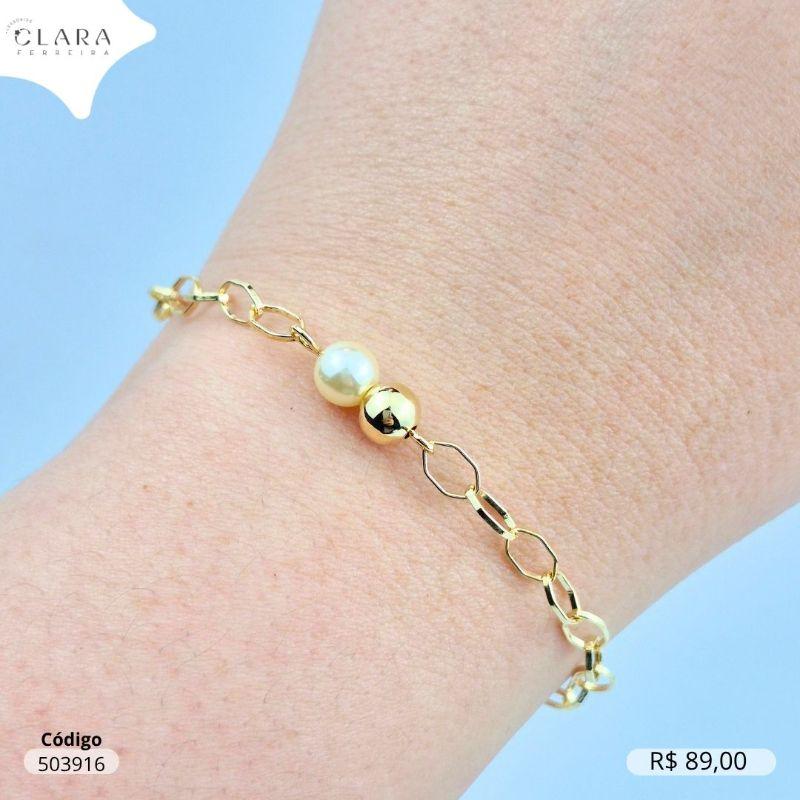 PULSEIRA ELOS EXAGONOS C/ 1 PEROLA E 1 BOLA LISA FIXA - 17CM - Dourado