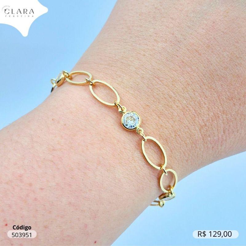 PULSEIRA ELOS OVAIS C/ 4 TIFFANYS REDONDAS 6MM INTERCALADAS   - 17CM - Dourado