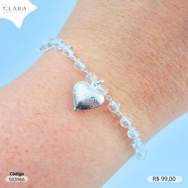 PULSEIRA FIO DE CRISTAIS REDONDOS FACETADOS C/ PINGENTE CORAÇÃO 10MM JATEADO PENDURADO - 17CM - Banho de Prata - EDIÇÃO LIMITADA