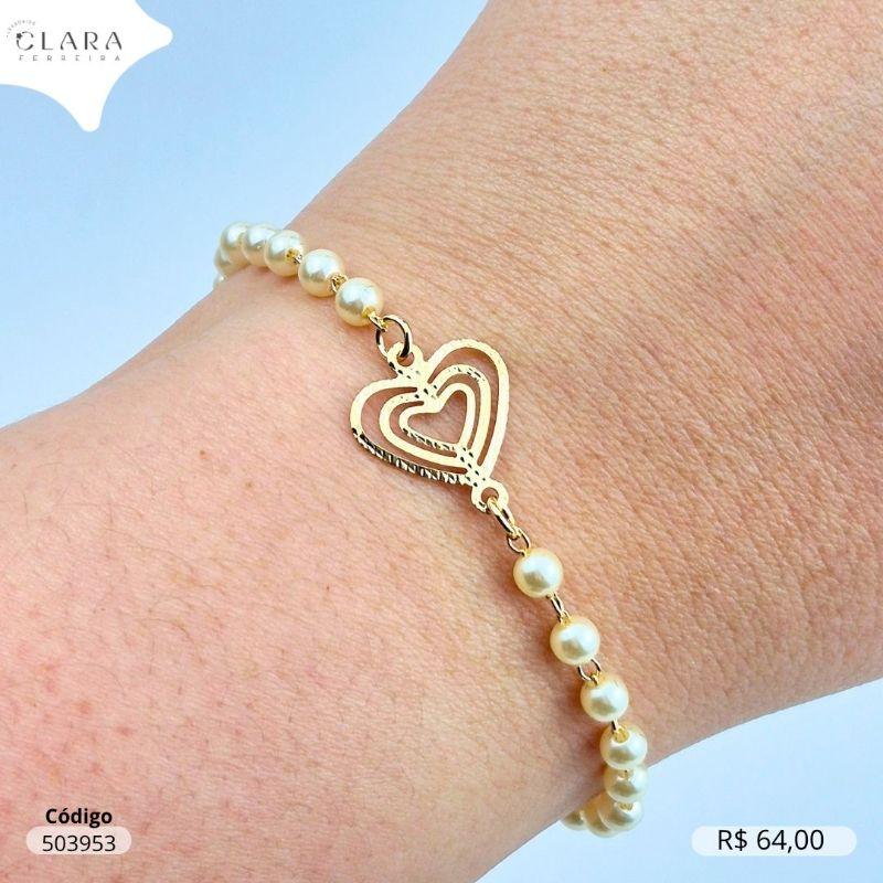 PULSEIRA FIO DE PEROLA C/ CORAÇÃO VAZADO  - 14MM - 17CM - Dourado