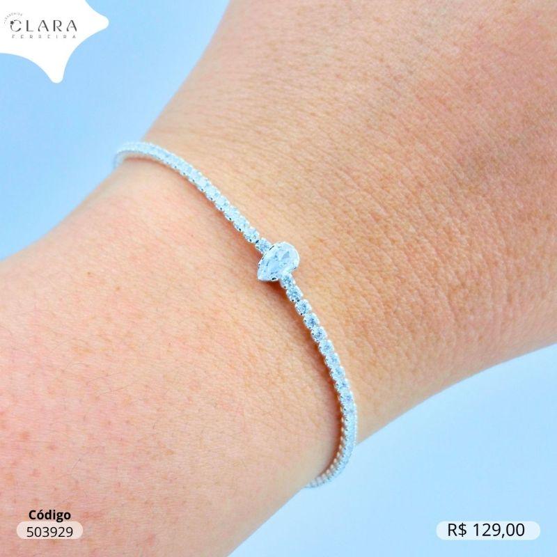 PULSEIRA RIVIERA C/ 1 ZIRCONIA GOTA 6MM NO MEIO FIXA - 17CM - Banho de Prata - EDIÇÃO LIMITADA