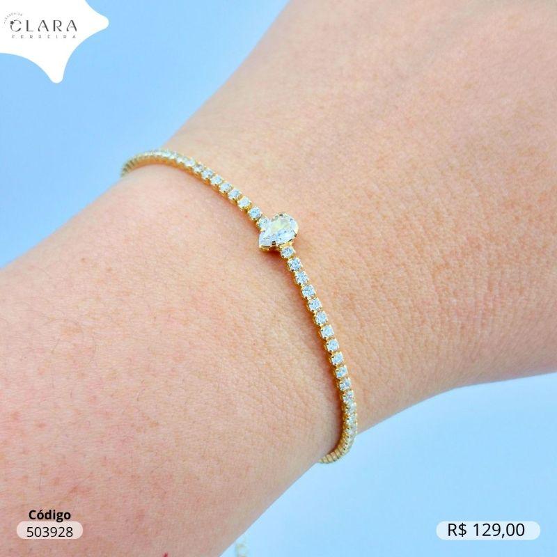 PULSEIRA RIVIERA C/ 1 ZIRCONIA GOTA 6MM NO MEIO FIXA - 17CM - Dourado