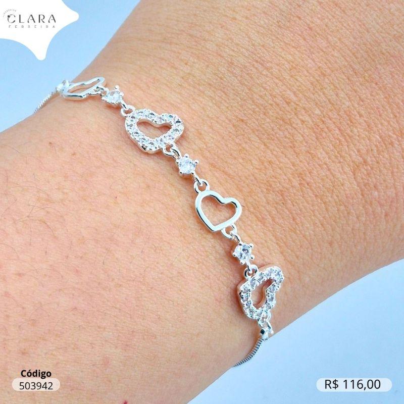 PULSEIRA VENEZIANA C/ 4 PINGENTES DE CORAÇÕES  MICROZIRCONIAS - 17CM - Banho de Prata - EDIÇÃO LIMITADA