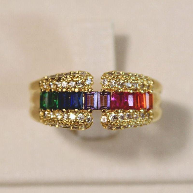 ANEL 1 FILERA ZIRCONIAS BAGUETE 2MM ADORNADO DE 2 FILEIRAS MICROZIRCONIAS - Dourado