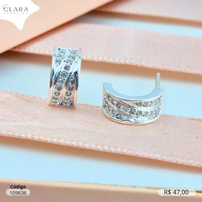 BRINCO ARGOLINHA ABERTA 3 FILEIRAS MICROZIRCONIAS - 10X5MM - Banho de Prata