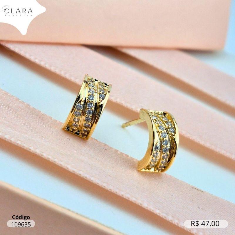 BRINCO ARGOLINHA ABERTA 3 FILEIRAS MICROZIRCONIAS - 10X5MM - Dourado