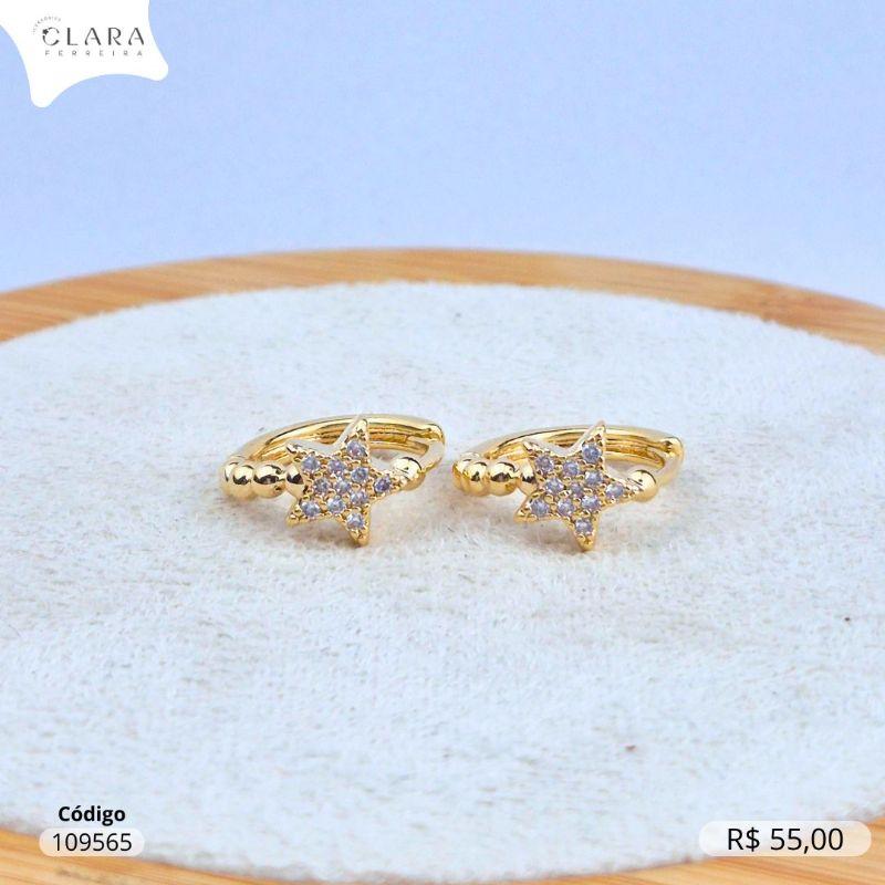 BRINCO ARGOLINHA CLICK LISA C/ 1 FILEIRA DE BOLINHAS E 1 ESTRELA MICROZIRCONIAS 8MM - 15X2MM - Dourado