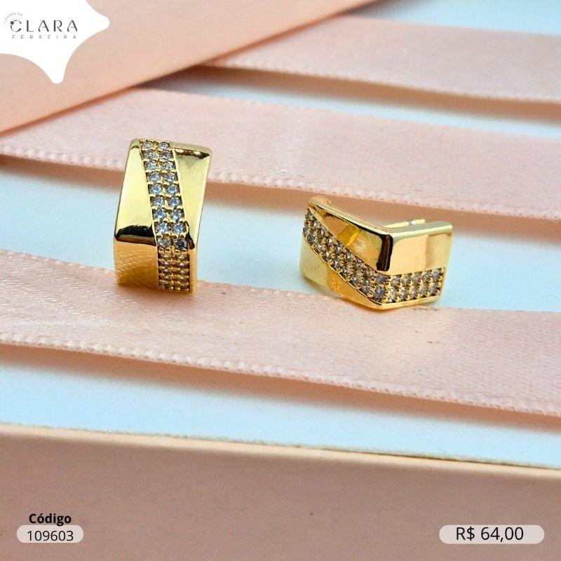BRINCO ARGOLINHA QUADRADA C/ 2 FILEIRAS MICROZIRCONIAS  - 10X7MM - Dourado