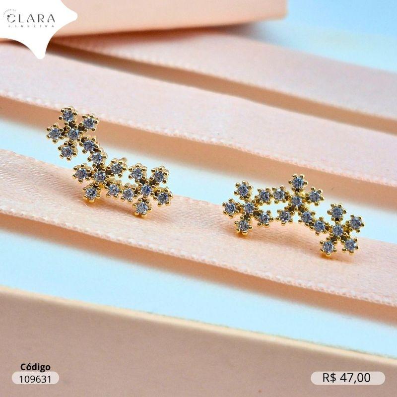 BRINCO EAR CUFF 3 FLORES ZORCONIAS REDONDAS CRISTAIS  - 15MM - Dourado