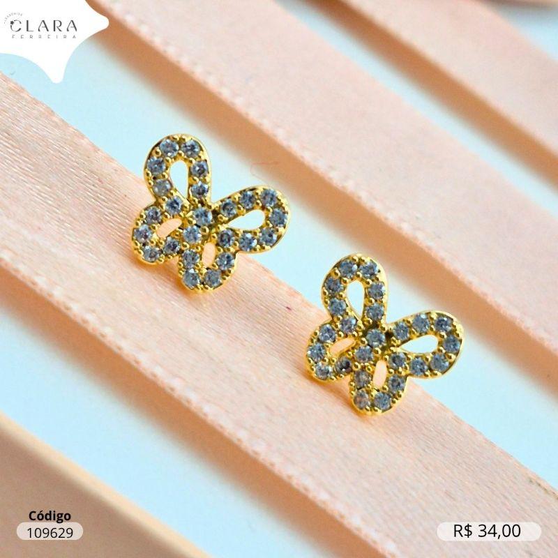 BRINCO INFANTIL BORBOLETA MICROZIRCONIAS VAZADA - CLARINHA KIDS - 7MM - Dourado