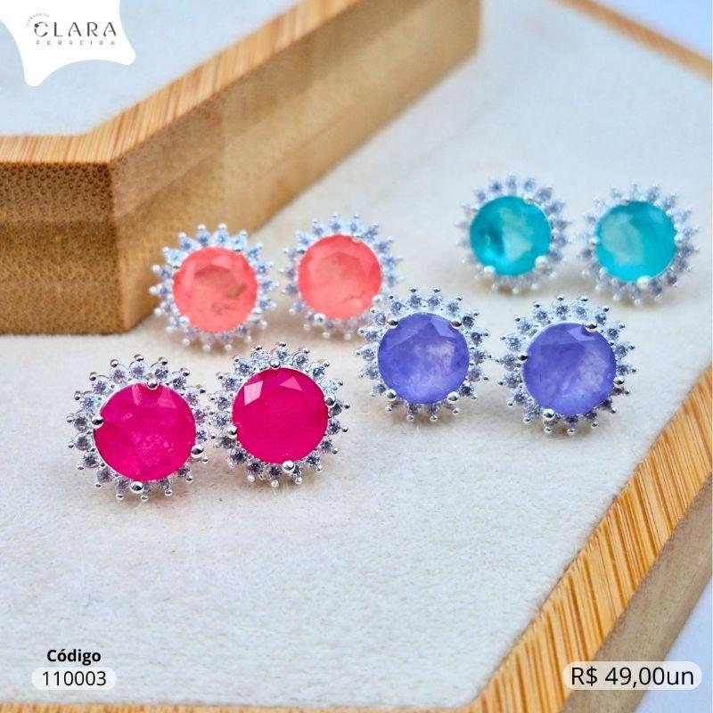 BRINCO ZIRCONIA REDONDA 8MM COLORIDA ADORNADA MICROZIRCONIAS - 8MM - Banho de Prata