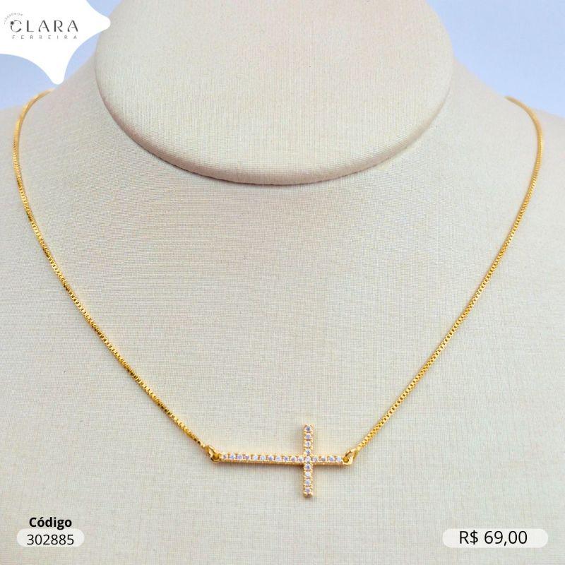 COLAR VENEZIANA C/ CRUZ  MICROZIRCONIA 24MM FIXA - 45CM - Dourado