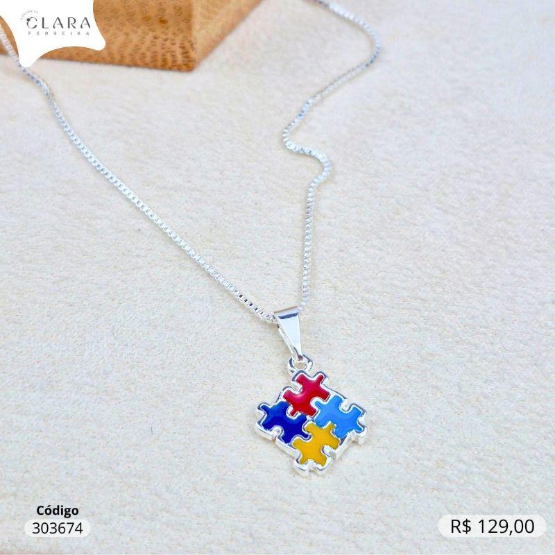 COLAR VENEZIANA C/ PINGENTE QUEBRA CABEÇA  SIMBOLO DO AUTISMO 11MM PENDURADO - 45CM - Banho de Prata