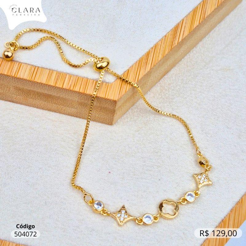 PULSEIRA AJUSTAVEL VENEZIANA  C/ 3 TREVOS LOUIS VUITTON 8MM E 4 ZIRCÔNIAS REDONDA 3MM CAIXA FUNDIDA  - Dourado
