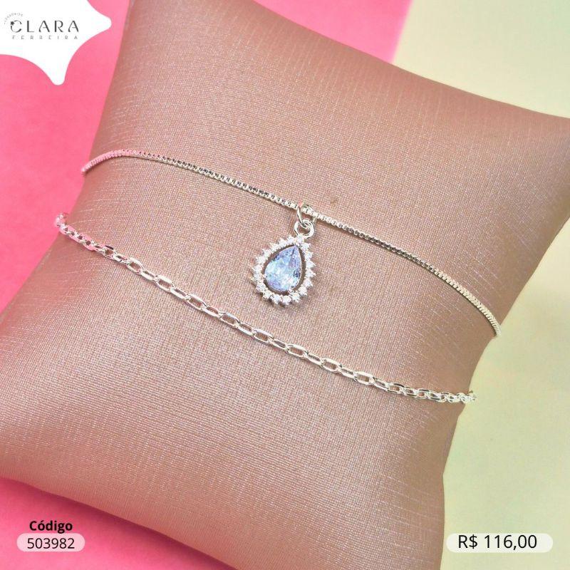 PULSEIRA DUPLA 1 FIO ELOS E 1 FIO VENEZIANA C/ PINGENTE ZIRCONIA GOTA 5MM ADORNADA MICROZIRCONIAS PENDURADO  - 17MM - Banho de Prata