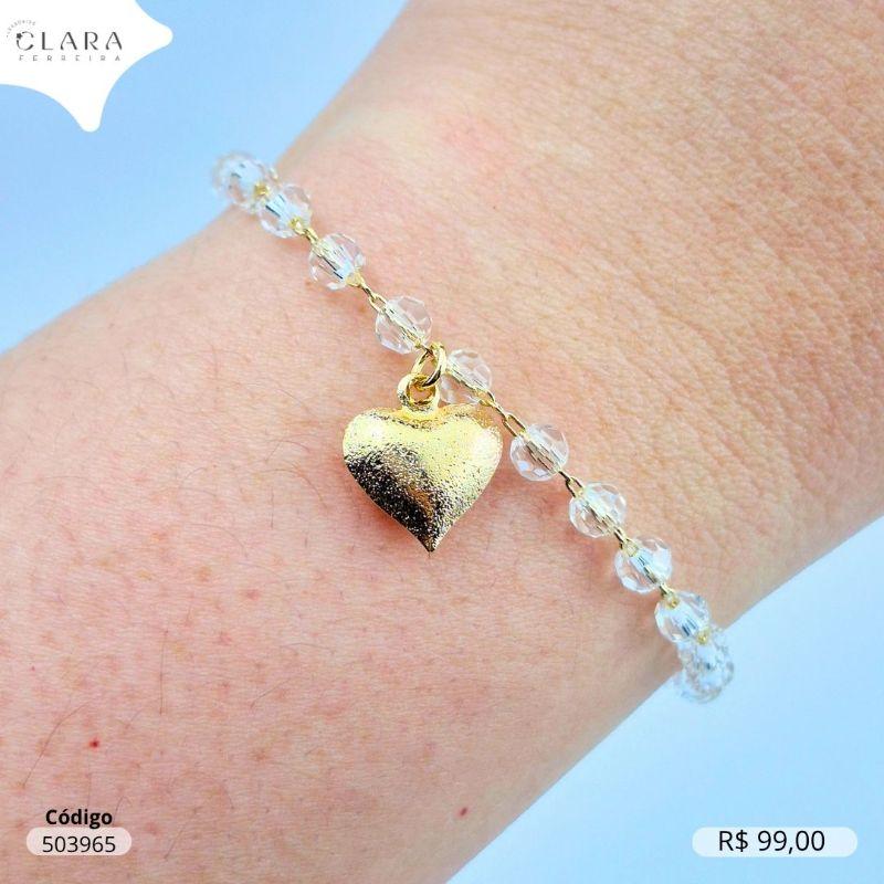 PULSEIRA FIO DE CRISTAIS REDONDOS FACETADOS C/ PINGENTE CORAÇÃO 10MM JATEADO PENDURADO - 17CM - Dourado