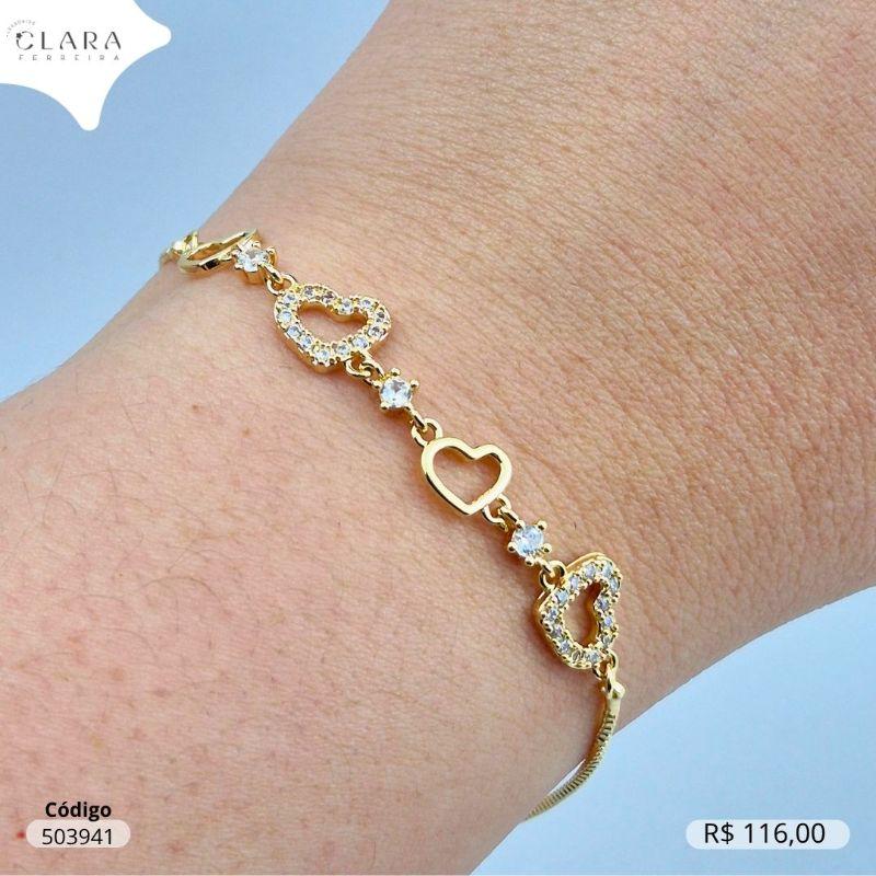 PULSEIRA VENEZIANA C/ 4 PINGENTES DE CORAÇÕES  MICROZIRCONIAS - 17CM - Dourado- EDIÇÃO LIMITADA