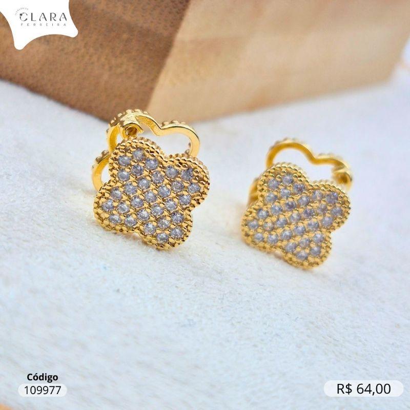 BRINCO ARGOLINHA CLICK TREVO VAN CLEEF ALHAMBRA MICROZIRCÔNIAS - 12MM - Dourado
