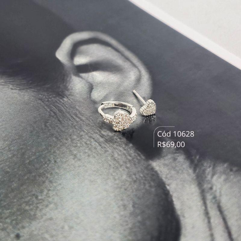 BRINCO DUO ARGOLINHA CLICK 1 FILEIRA MICROZIRCONIAS C/ CORAÇÃO MICROZIRCONIAS E BRINCO CORAÇÃO MICROZIRCONIAS - 11X2MM - Banho de Prata