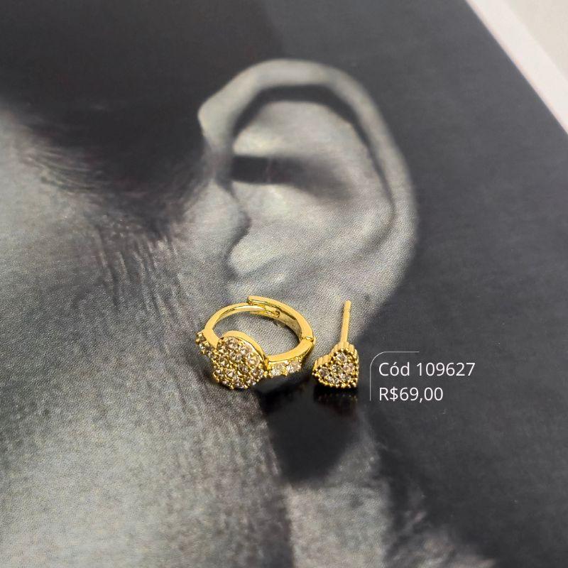 BRINCO DUO ARGOLINHA CLICK 1 FILEIRA MICROZIRCONIAS C/ CORAÇÃO MICROZIRCONIAS E BRINCO CORAÇÃO MICROZIRCONIAS - 11X2MM - Dourado