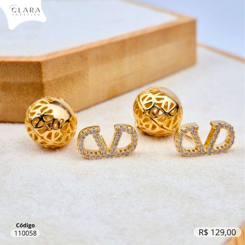 BRINCO LOUIS VUITTON MICROZIRCÔNIA C/ TARRACHA BOLA VAZADA 13MM - 15MM - Dourado