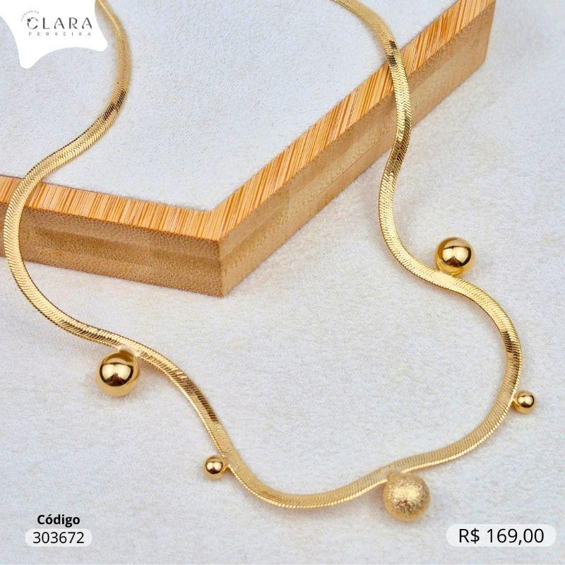 COLAR CHOKER FITA C/ 5 BOLAS, 4  LISAS E 1 JATEADA  - 40+5CM - Dourado