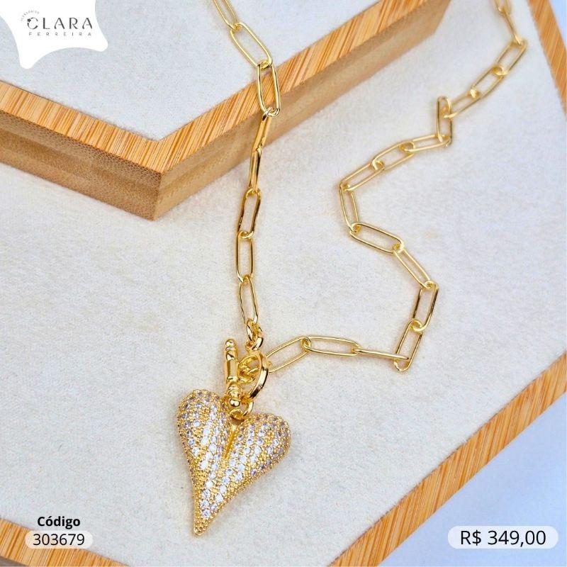 COLAR ELOS CARTIER C/ PINGENTE CORAÇÃO MICROZIRCÔNIAS  - 25MM - 45CM - Dourado