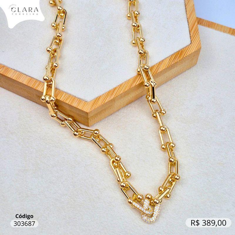 COLAR ELOS TIFFANY LISOS C/ 2 FILEIRAS MICROZIRCÔNIAS TIFFANY - 45CM - Dourado