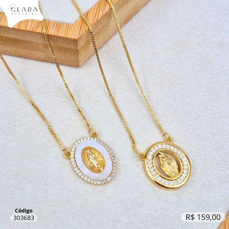 COLAR ESCAPULARIO VENEZIANA C/ MEDALHA OVAL MADRE PEROLA NOSSA SENHORA DAS GRAÇAS E NOSSA SENHORA APARECIDA ADORNADA MICROZIRCÔNIAS - 22MM - 60CM - Dourado
