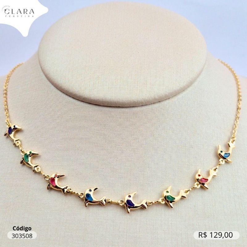 COLAR INFALTIL ELOS C/ 8 TIFFANYS GOLFINHOS COLORIDOS SALADINHA - CLARINHA KIDS - 40CM - Dourado