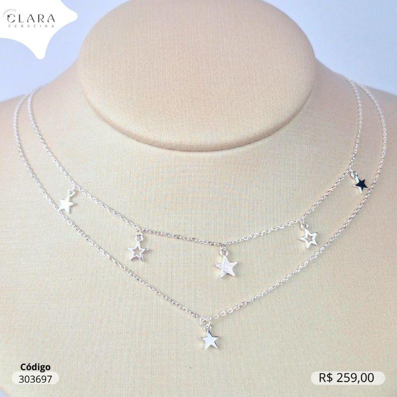 COLAR PRATA 925 DUPLO ELOS C/ 1 FIO 5 ENTRELAS MICROZIRCÔNIAS 6MM E 1 FIO ESTRELA LISA 5MM - 40 e 45CM