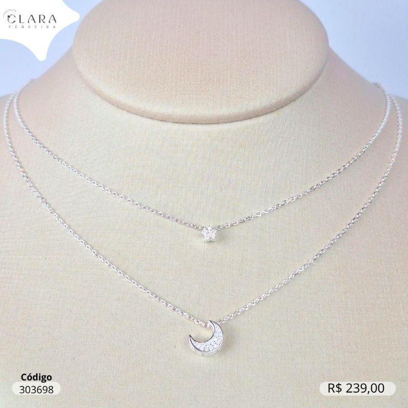 COLAR PRATA 925 DUPLO ELOS C/ 1 FIO PINGENTE LUA MICROZIRCÔNIAS 9MM E 1 FIO C/ PINGENTE ESTRELA MICROZIRCÔNIAS 4MM - 40 e 45CM