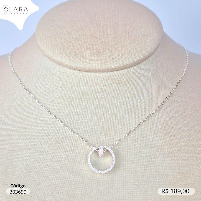 COLAR PRATA 925 ELOS C/ PINGENTE MANDALA VAZADA MICROZIRCÔNIAS E ARO REDONDO 2 FILEIRAS MICROZIRCÔNIAS - 14MM - 45CM