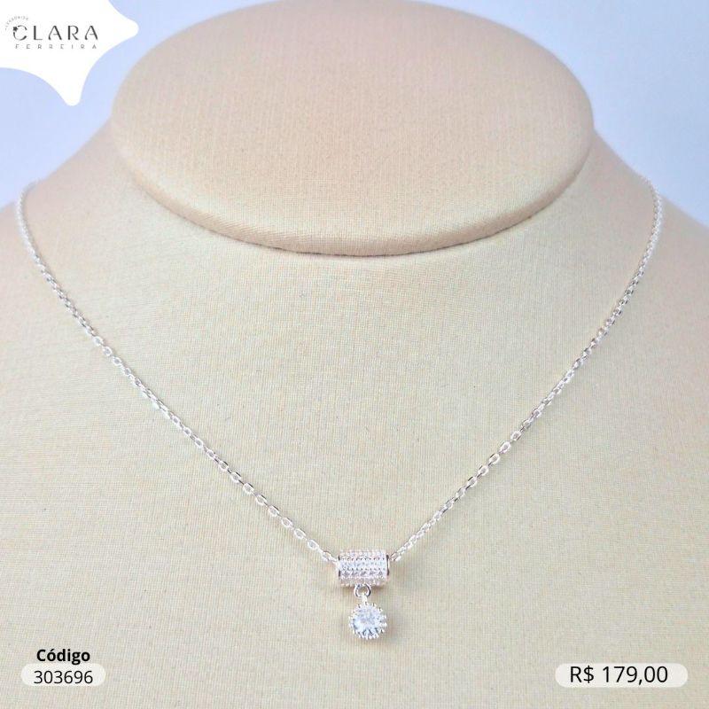 COLAR PRATA 925 ELOS C/ PINGENTE TUBO MICROZIRCÔNIAS 7MM E 1 ZIRCONIA REDONDA 4MM PENDURADA - 45CM