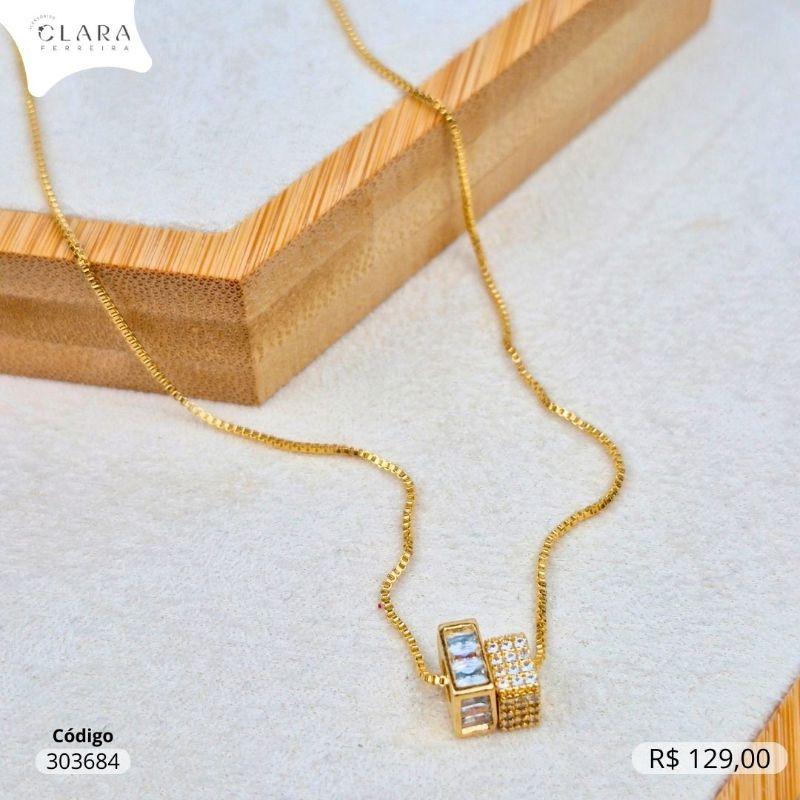 COLAR VENEZIANA C/ 2 PINGENTES AROS QUADRADOS 1 MICROZIRCÔNIAS E 1 MICROZIRCÔNIAS BAGUETE - 6 E 7MM - 45CM - Dourado