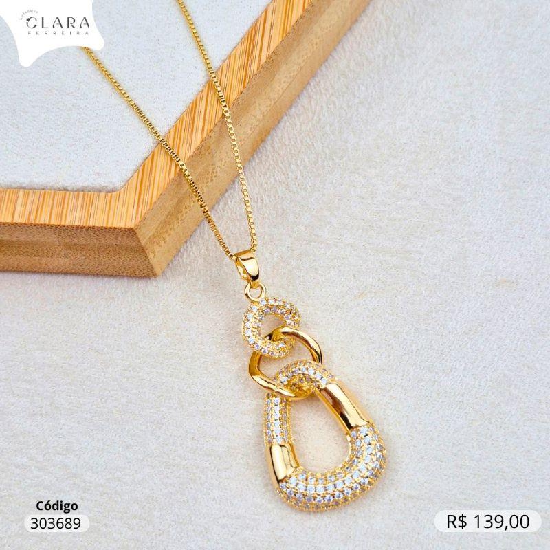 COLAR VENEZIANA C/ PINGENTE 3 ELOS 2 LISO E 1 MICROZIRCÔNIAS PENDURADO INSPIRAÇÃO CHANEL - 45CM - Dourado