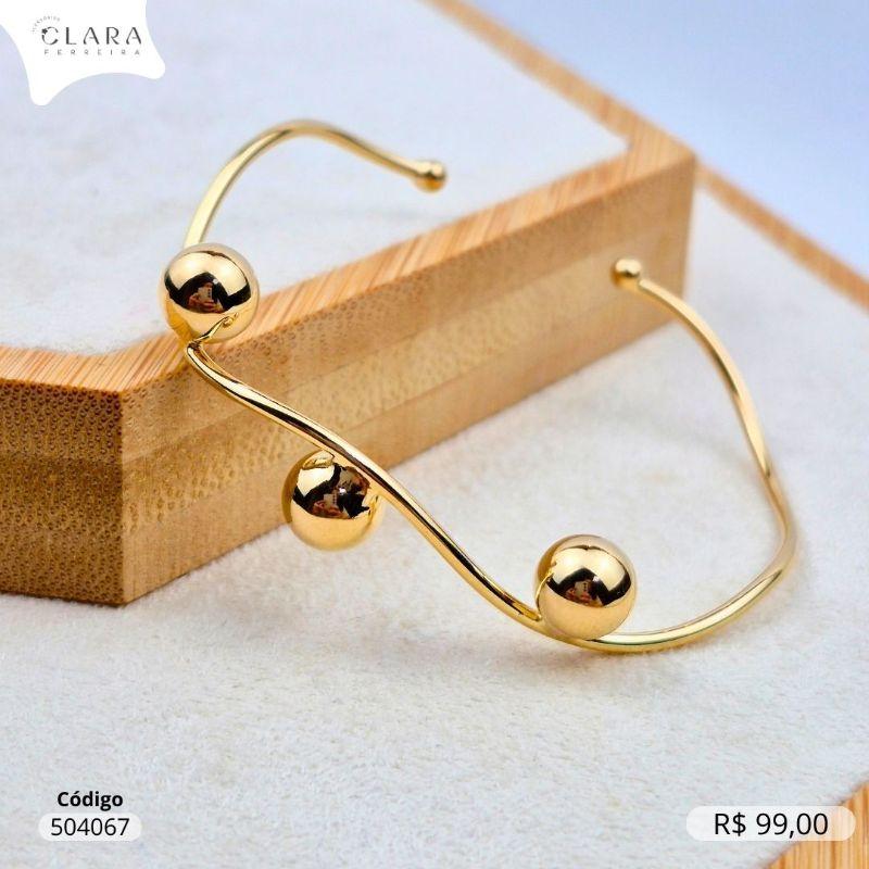 PULSEIRA BRACELETE FIO RIGIDO C/ 3 BOLAS LISAS FIXAS - Dourado